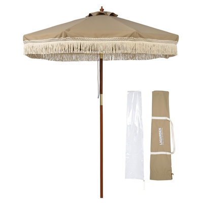 Refined Casual 7 FT Solid Wooden Fringe Boho Umbrella for Boutique Hotel, Vineyard Estate Lounge, Wellness SPA - Bohemian Rustic, Mocha Tan