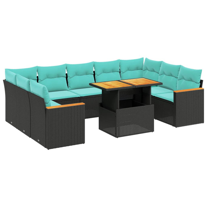  Ensemble de canapé de patio 11 pièces avec coussins en rotin de polyester, Noir, Vert