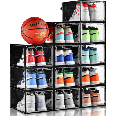 12 Pack Clear Shoe Storage Boxes With Magnetic Doors, Stackable Shoe Organizers For Sneakers, Easy Assembly, Transparent Display, Ventilation Design