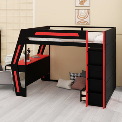 High Sleeper Gaming Bed with Built-in Desk, RGB LED Lights, USB Ports, Storage Cubbies and Secure Stairs