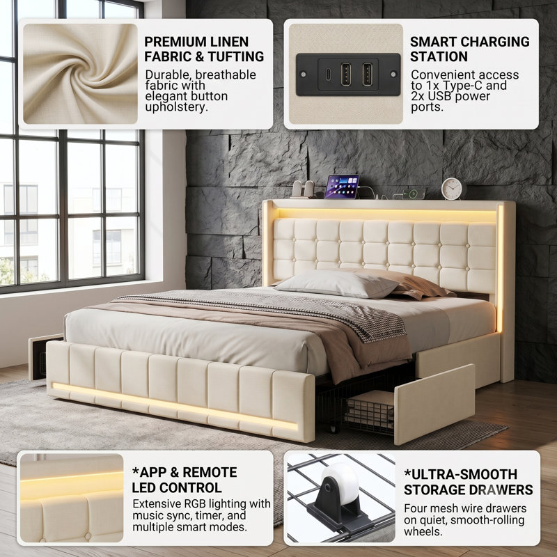 UK&EU Size Smart Linen Bed Frame with App-Controlled LED Lights, Upholstered Storage Bed with 4 Drawers & USB Charging Station, Grey & Beige