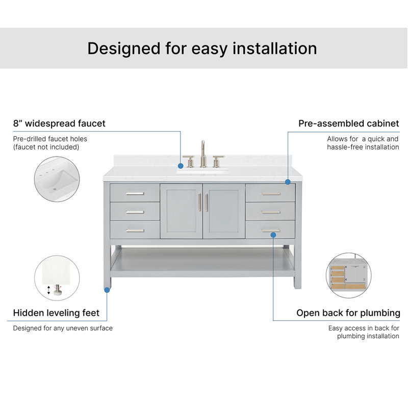 ARIEL Magnolia 60 Single Sink Bathroom Vanity with Top, Gray, Rectangular