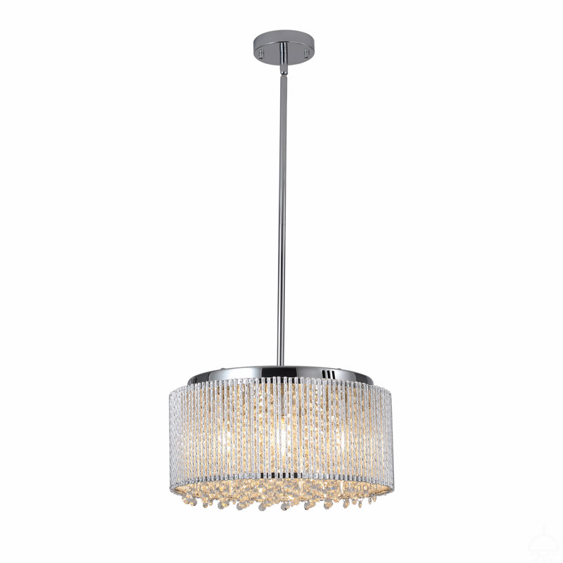 Lustre suspendu en cristal 16 po avec finition chromée - Luminaire tambour 7 lumières avec brins de cristal transparent