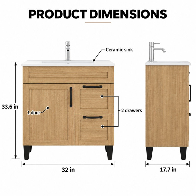 Meuble-lavabo 31,5 po avec lavabo en céramique, 1 porte et 2 tiroirs, naturel