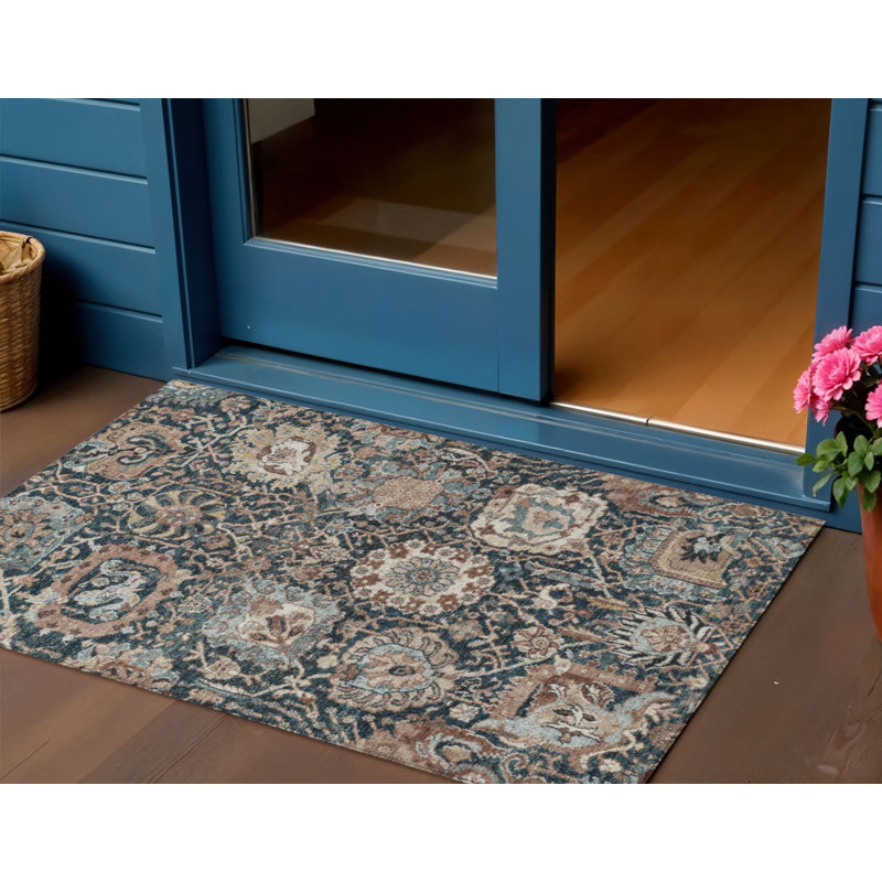 3' X 5' Taupe Blue And Beige Geometric Washable Indoor Outdoor Area Rug