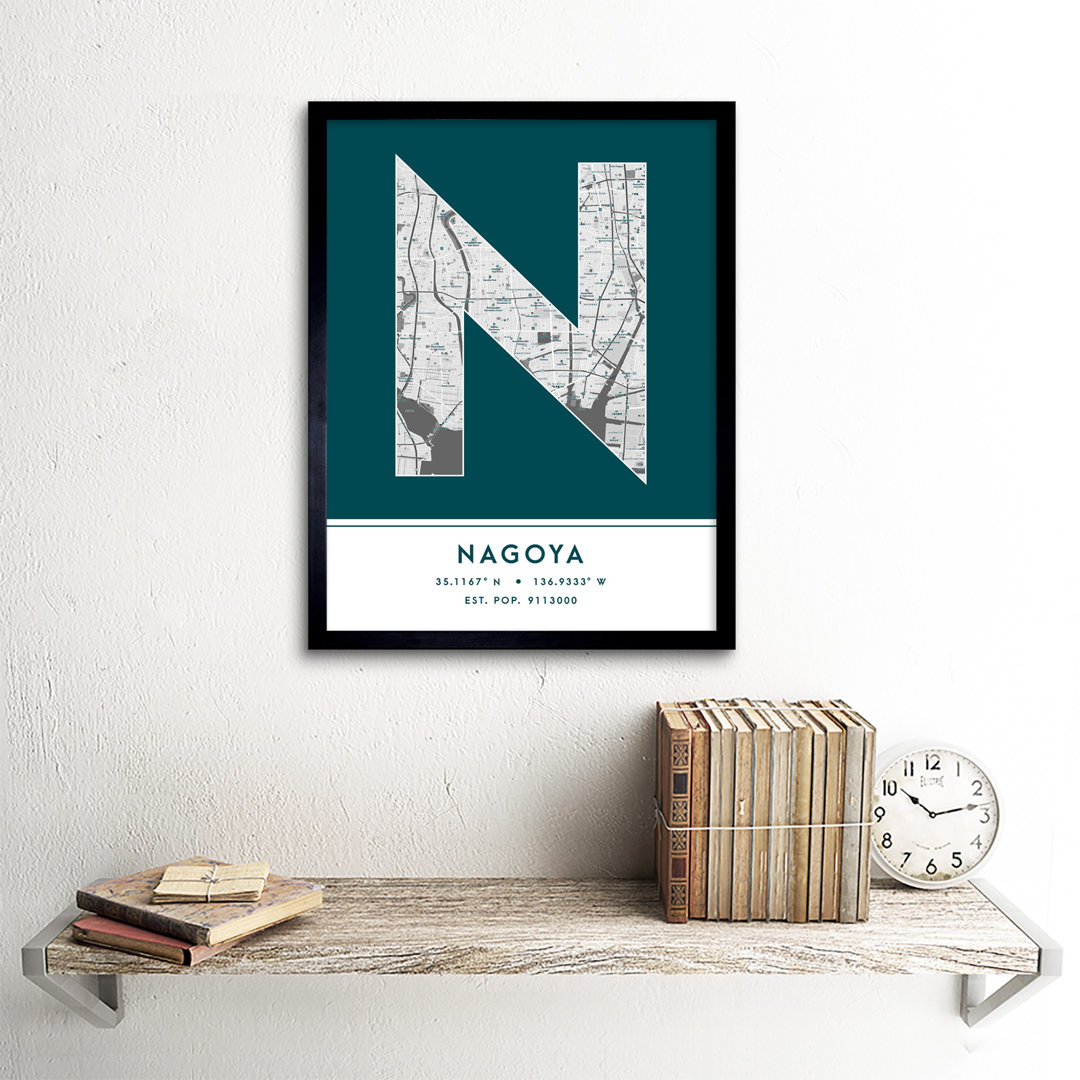Nagoya Japan City Map Teal Colour Block Modern Typography Stylish Letter Framed Word Wall Art Print Poster