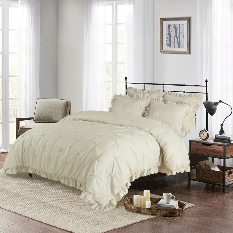 Ensemble d'édredon 5 pièces princesse romantique Pintuck, Édredon pour lit très grand + quatre taies déco, Chameau