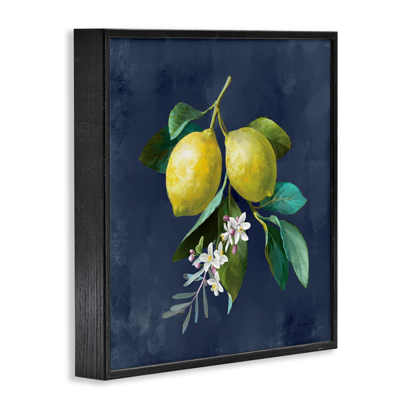 «Lemon Branches on Blue», estampe numérique par Danhui Nai, H 12 po x l 12 po, Giclée encadrée noir minuit