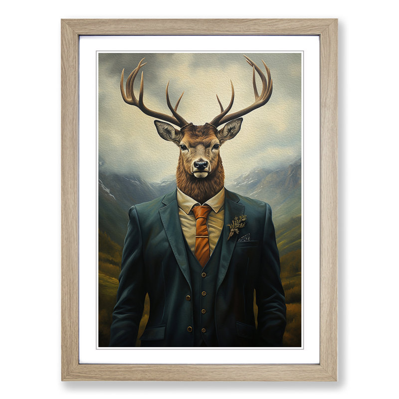 Stag In A Suit Painting - Single Picture Frame Print on Wood, 46cm H x 34cm W x 2cm D, Oak Framed