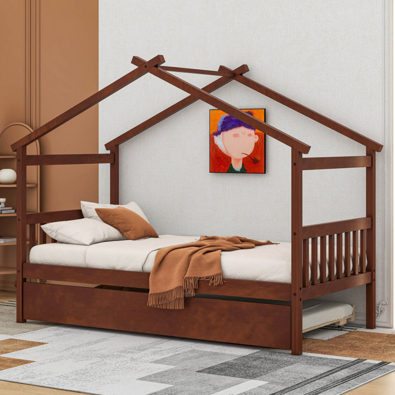 Annais Wooden House Bed with Trundle, Walnut, Twin