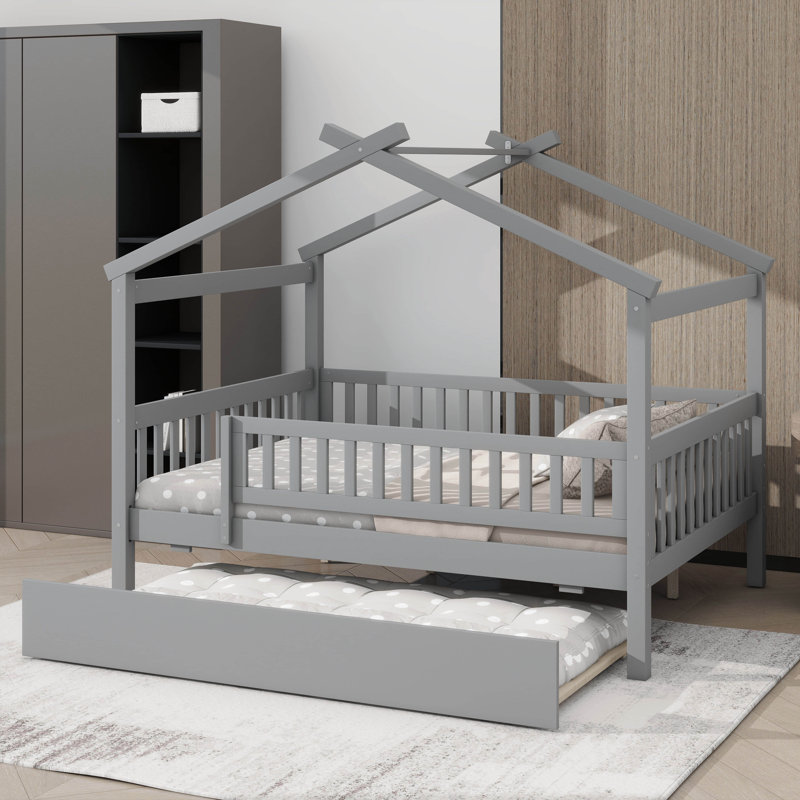 Wooden House Bed with Trundle, Full, Gray