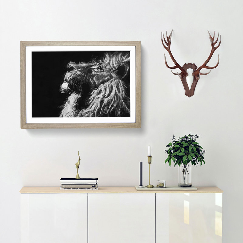 Majestic Lion Illustration in Abstract - Picture Frame Graphic Art Print, 40cm H x 60cm W x 2cm D, Oak