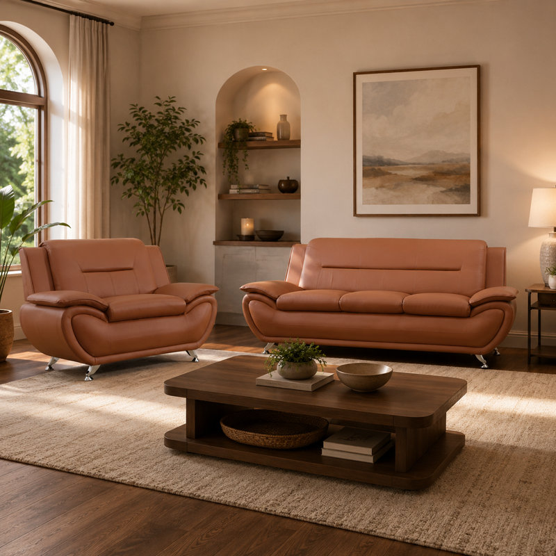 Ensemble de salon et canapé en similicuir 2 pièces Bright Bronze, Brun