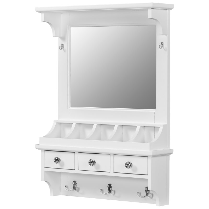 Meuble-lavabo flottant avec grand miroir et espace de rangement mural 3 tiroirs, 5 poches et crochets White Space
