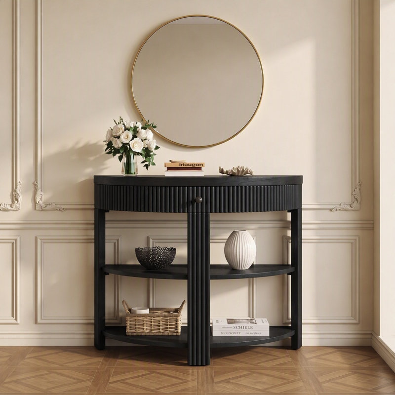 Console demi-ronde en bois massif cannelé avec tiroir et 2 tablettes, Noir
