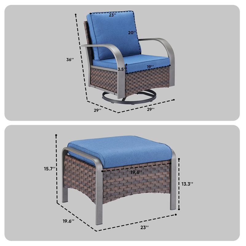 Wyland Outdoor Wicker Swivel Glider Chairs & Ottomans Set With Weather-Resistant Cusions For Patios & Gardens, Blue