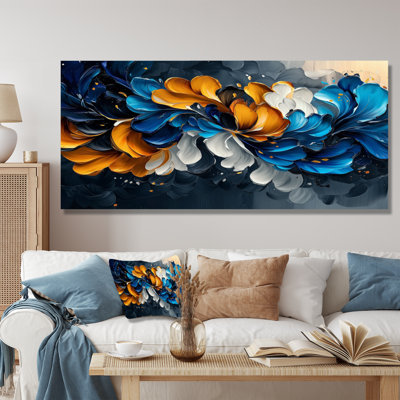 Bleu, orange, délicates pétales de fleurs en mouvement - fleurs abstraites, impressions sur métal
