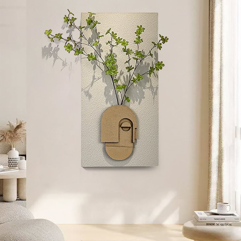 3D Abstract Natural Sandstone Handmade Sculpture With Artificial Plants Wall Decor