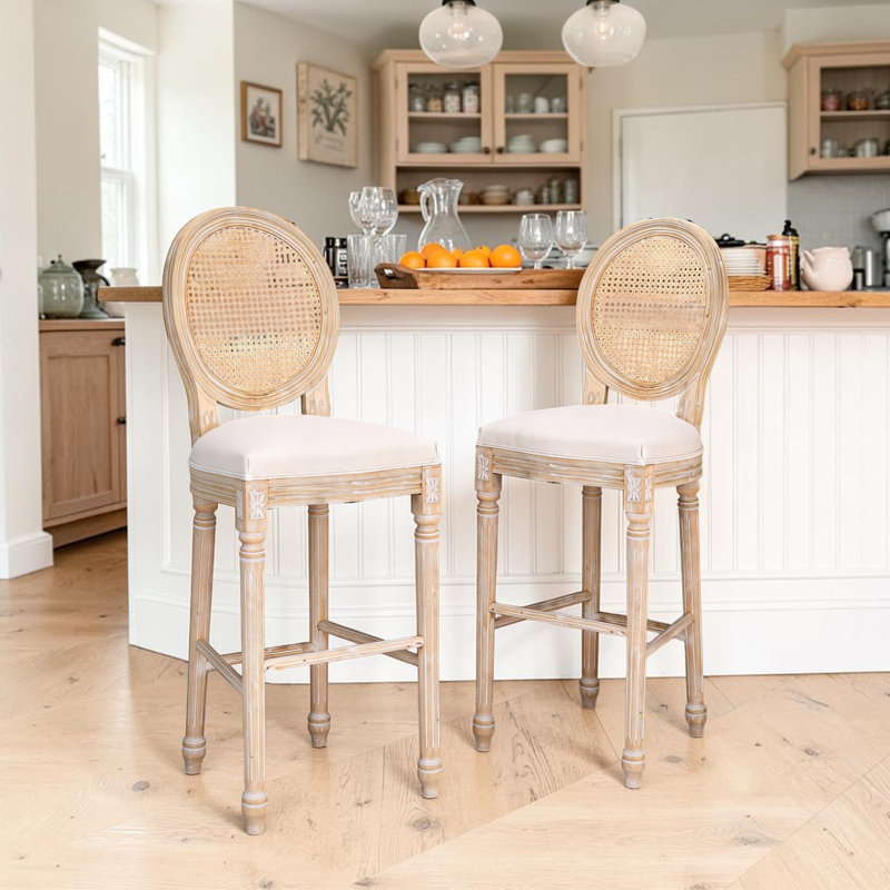 Chaises de bar Amando d'une hauteur de 30 po, tabourets de bar rembourrés en bois massif, tabourets de bar en bois de style champêtre français classique, techniques de tréfilage et de sculpture