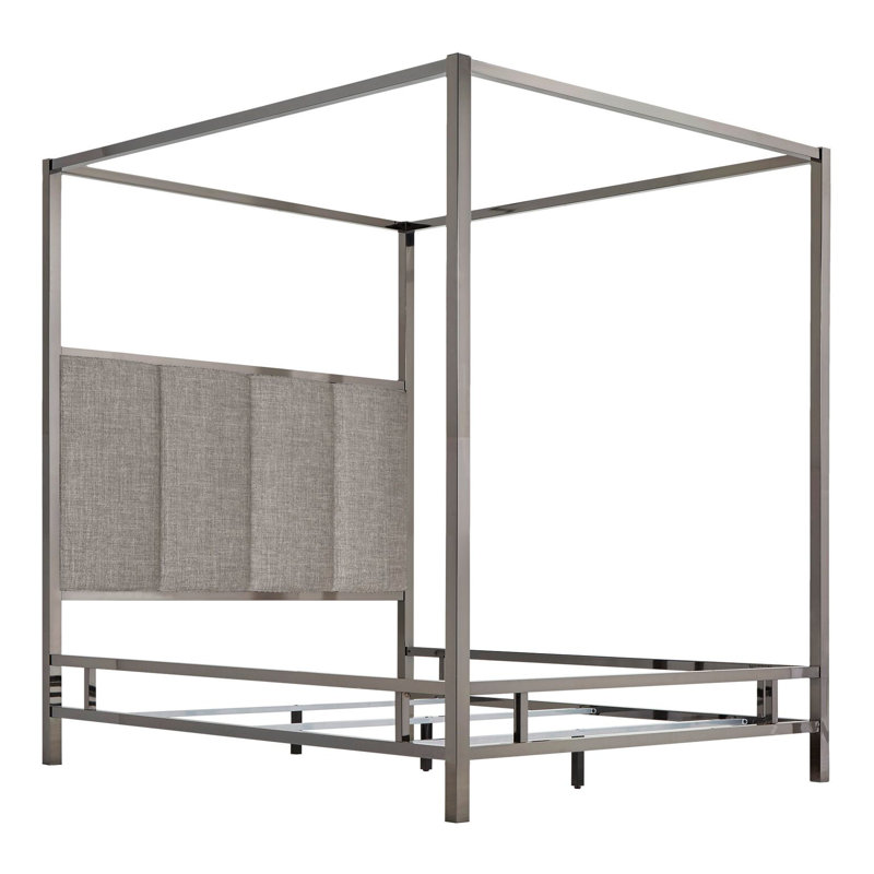Upholstered Metal Canopy Bed, Black Nickel/Gray, Full