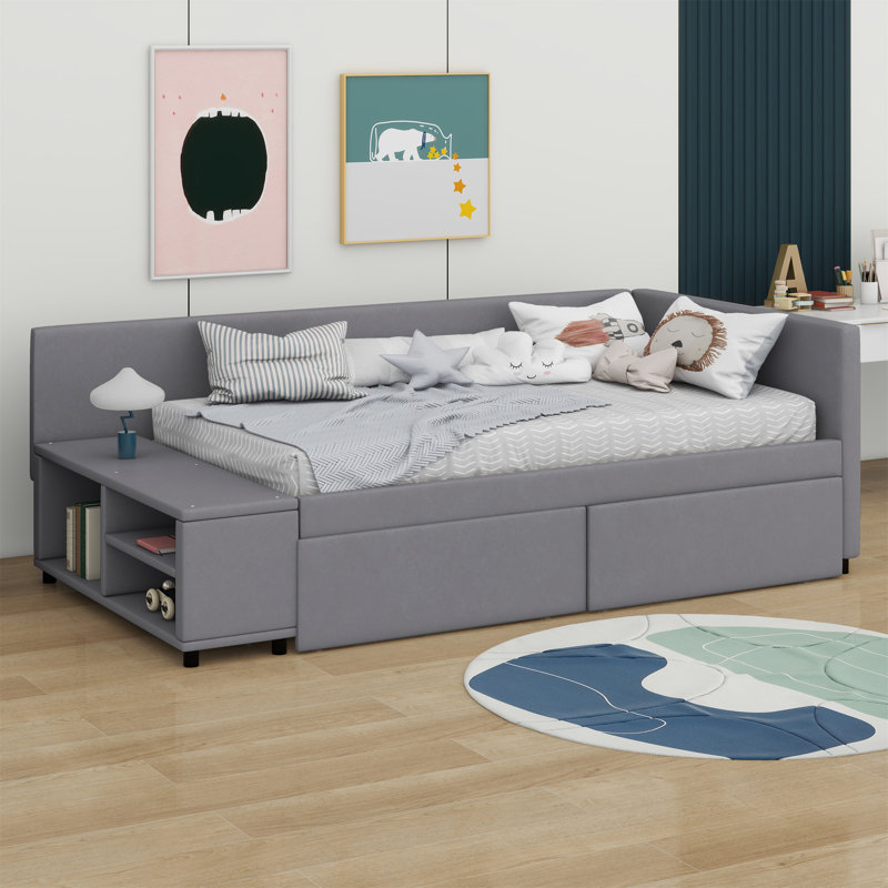 Lit plateforme tapissier en L avec rangement et tiroirs, Gris