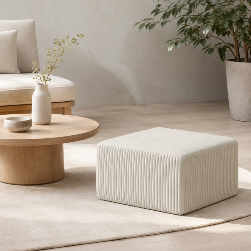Pouf modulaire cube en velours côtelé à rayures carrées, Blanc / Blanc