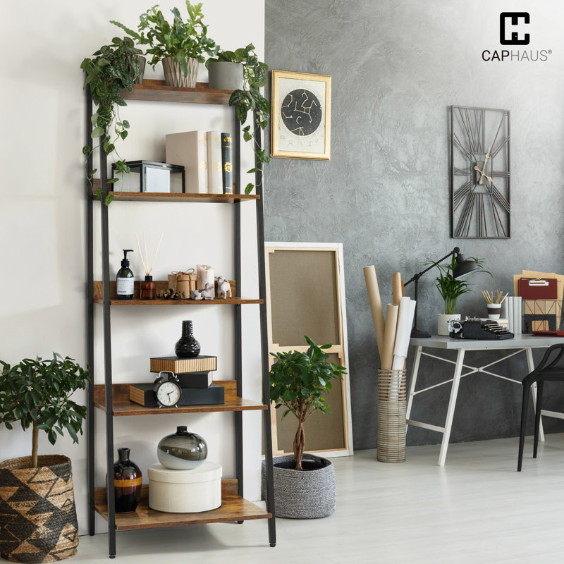 Rustic Oak and Matte Black 5-Tier Ladder Bookshelf