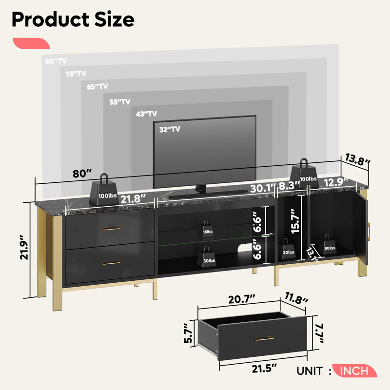 Hollydale 80'' W Modern TV Stand for up to 80 inches TV, Glossy Media Console with Adjustable Glass Shelve, LED TV Stand with storage