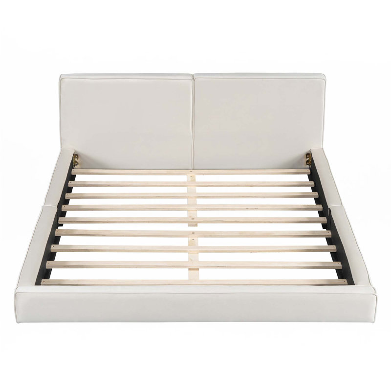 Grand lit plateforme tapissier avec tissu en velours, Beige