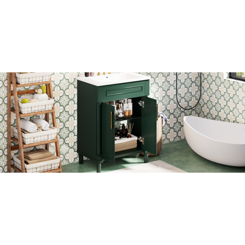 Meuble-lavabo de salle de bain d'une largeur de 24 po, lavabo en céramique intégré, armoire à 2 portes, solution d'espace pour tablettes moyennes et réglables, dimension gracieuse de la conception du lavabo, rangement, petits espaces,