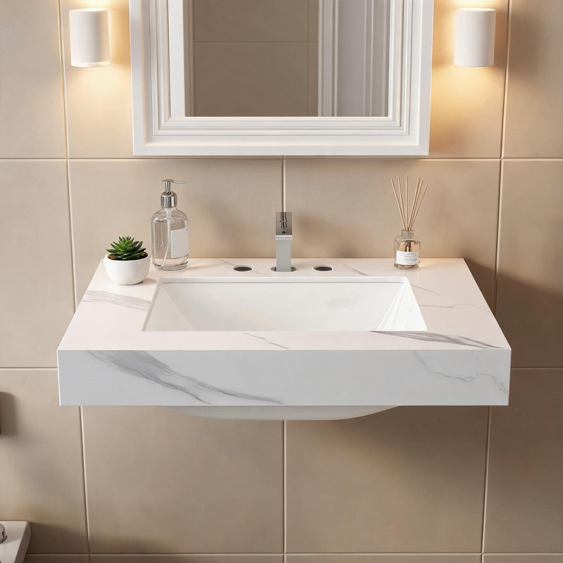 Comptoir en pierre frittée blanche de Carrare de 24 pouces et lavabo en céramique encastré avec trois trous prépercés pour robinetterie standard