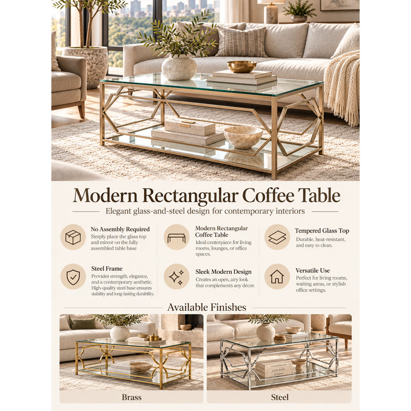 Pangea Home 2-Tiered Mirrored Benson Edward 4 Legs Coffee Table with Storage - Modern Rectangle 47" Coffee Table – Tempered Glass Top - Living Room, Bedroom, Office - Gold Glass Coffee Table
