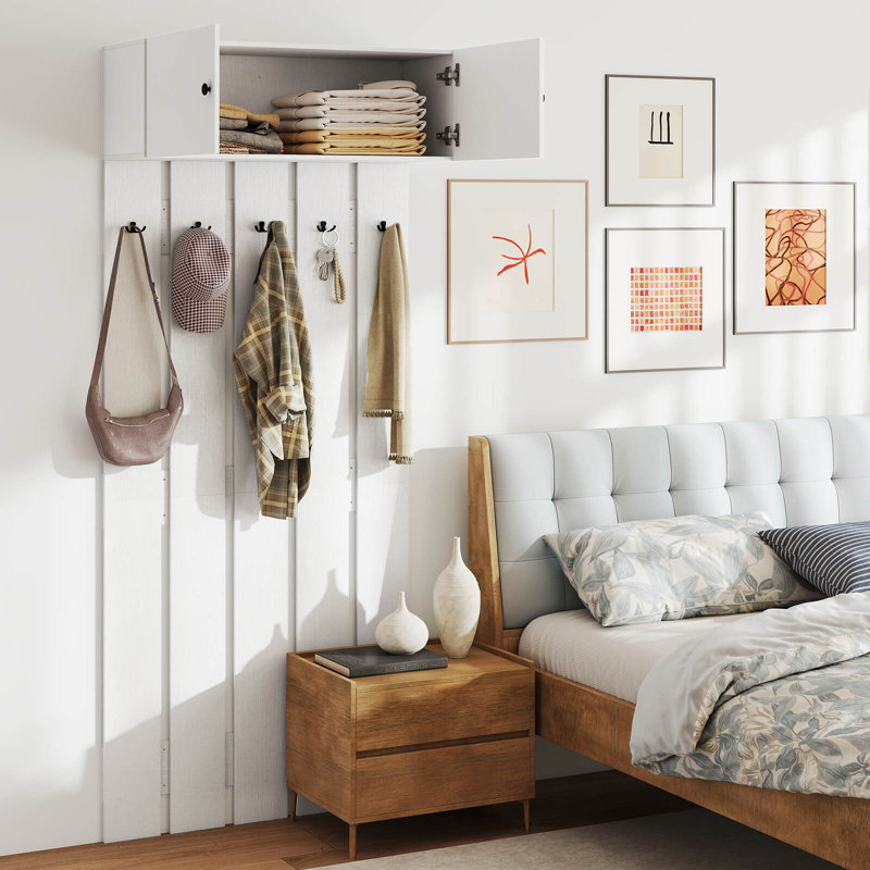 Wall Mounted Entryway Wall Coat Rack with 5 Double Hooks & 2-Door Cabinet Hallway White, White