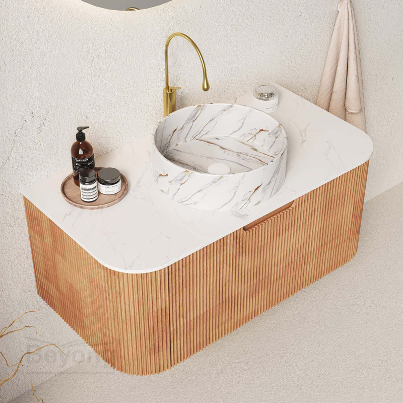 Meuble-lavabo de salle de bain 36 po avec lavabo, meuble de rangement mural à bordures courbées et flottantes avec tiroir, lavabo rond en céramique blanc avec motif de pierre, pré-assemblé, couleur grain de bois Natura