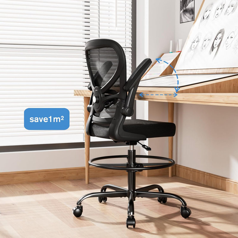 Big And Tall Drafting Office Chair - Black, With Footrest Ring, Lumbar Support, Flip-Up Armrests & Heavy Rolling Base (Ideal For Counter Height/Standing Desks)
