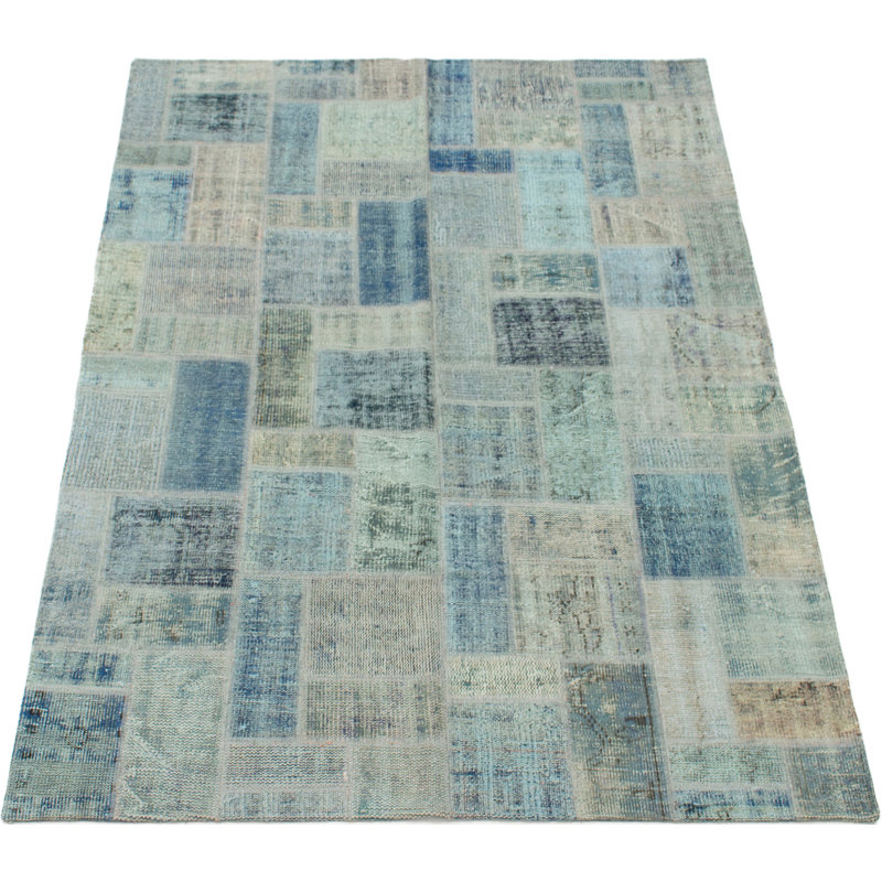 Tapis décoratif bleu clair en laine noué à la main de conception unique noué à la main des années 1980 5 pi 8 po x 7 pi 8 po Bigod