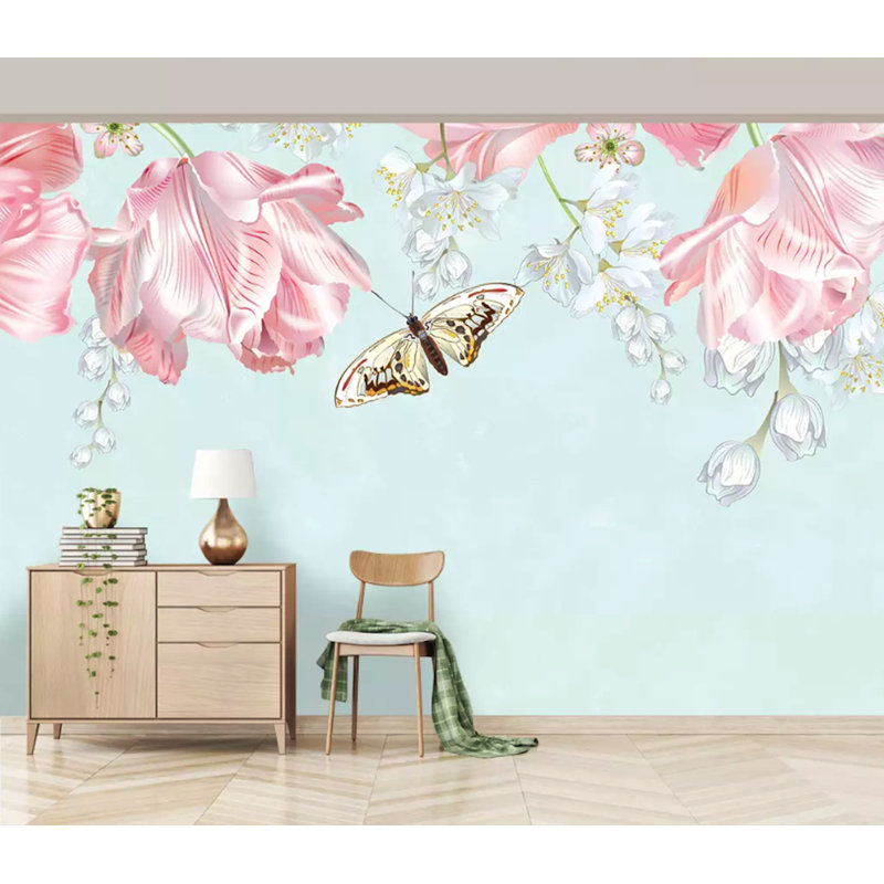 Pink Flowers Yellow Butterfly Classical Removable Wallpaper, 75" L x 112" W
