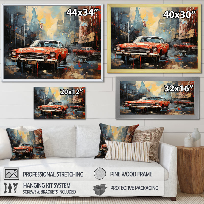 Collage de voitures anciennes - reproduction de toile rétro, H 34 po x l 44 po x P 1,5 po, Cadre flottant noir