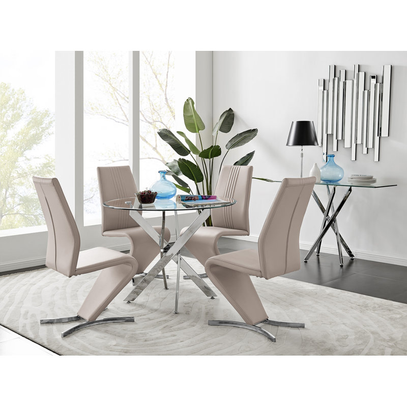 Tierra Sleek Metal and Glass Round Dining Table Set with 4 Faux Leather Upholstered Dining Chairs, Cappuccino Gray