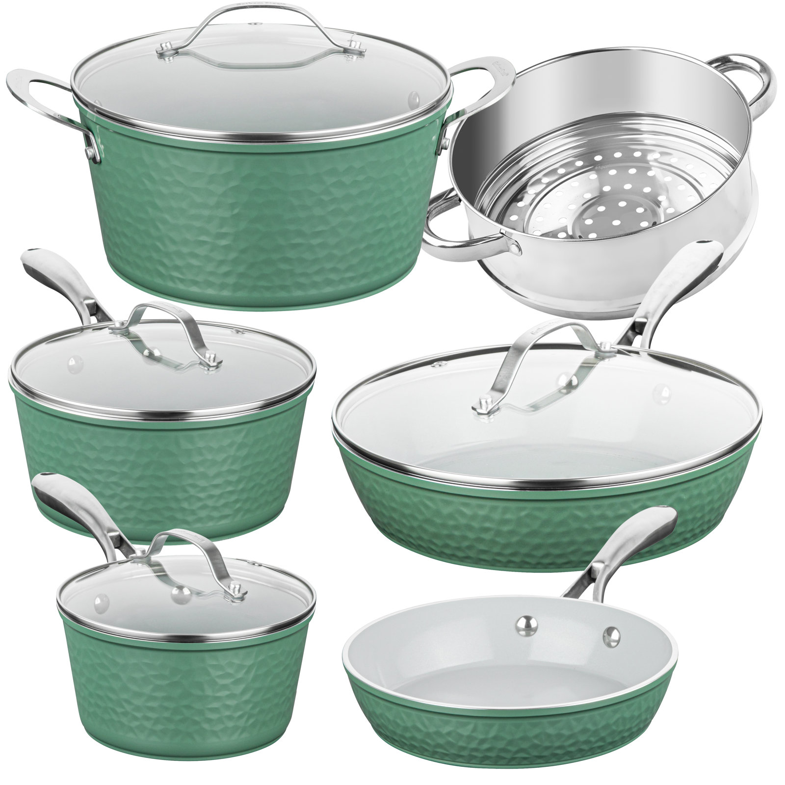 Gotham Steel 10 Piece Hammered Nonstick Ceramic Cookware Set, Sage