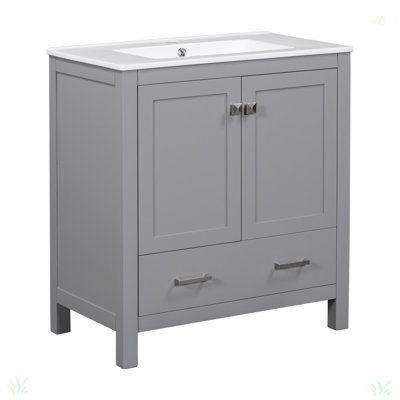 Meuble-lavabo gris de 30 po avec lavabo simple, meuble-lavabo sous-comptoir, armoire de rangement avec 2 portes et un tiroir, fermeture en douceur, rangement multifonctionnel, structure en bois massif