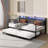 Daybed with Trundle and LED Light, Sturdy Metal Twin Size Bed Frame with Linen Upholstered Headboard and Charging Station