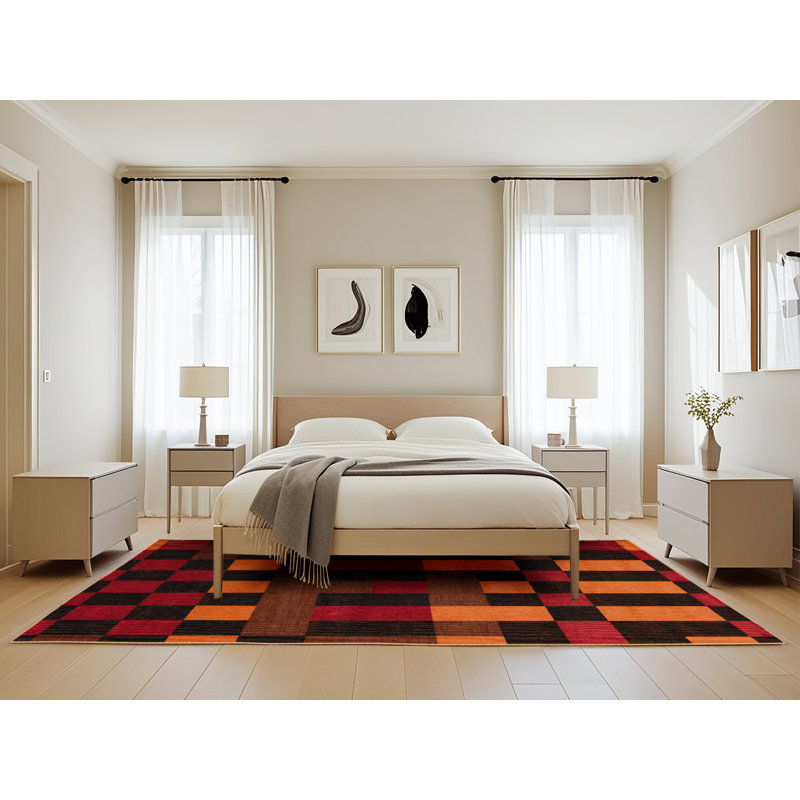 Machine Washable Checkered Brown Area Rug, Rectangle 5' x 8'