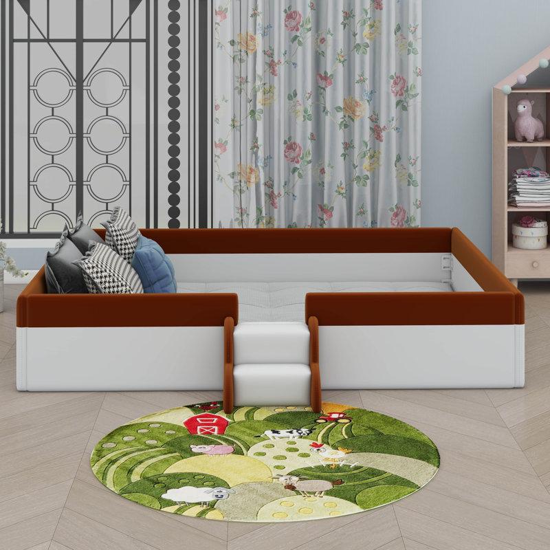 Upholstered Daybed Frame With Fence And Stairs, Brown/White, Queen