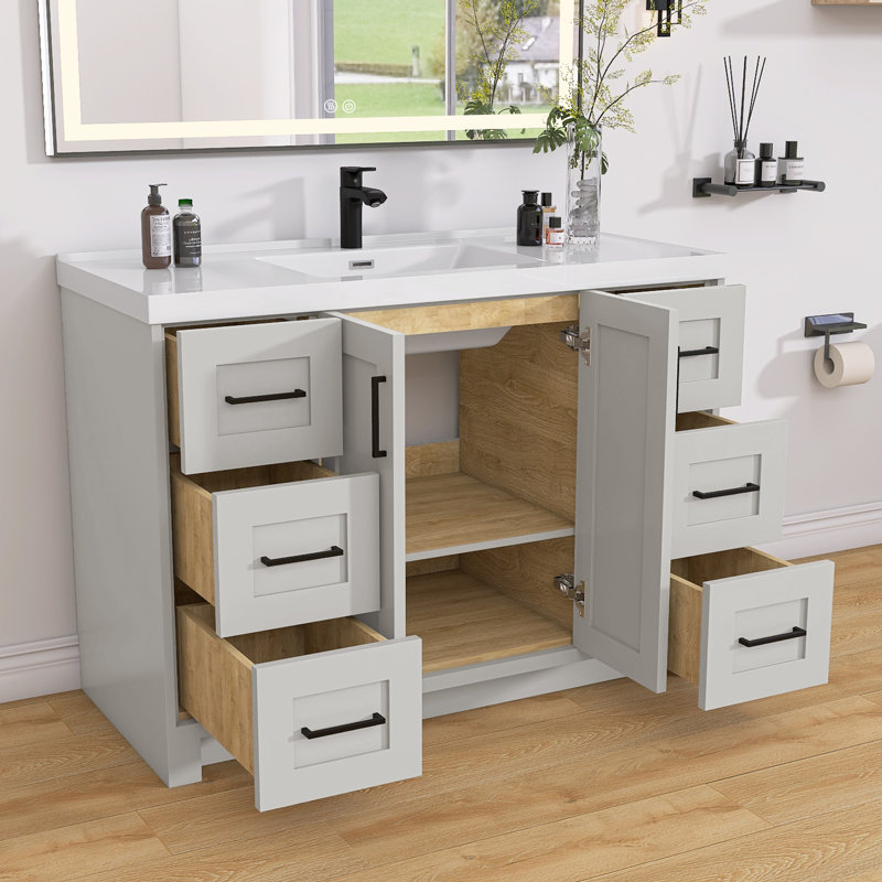 Meuble-lavabo autoportant en bois gris clair avec comptoir à surface solide 48 po.