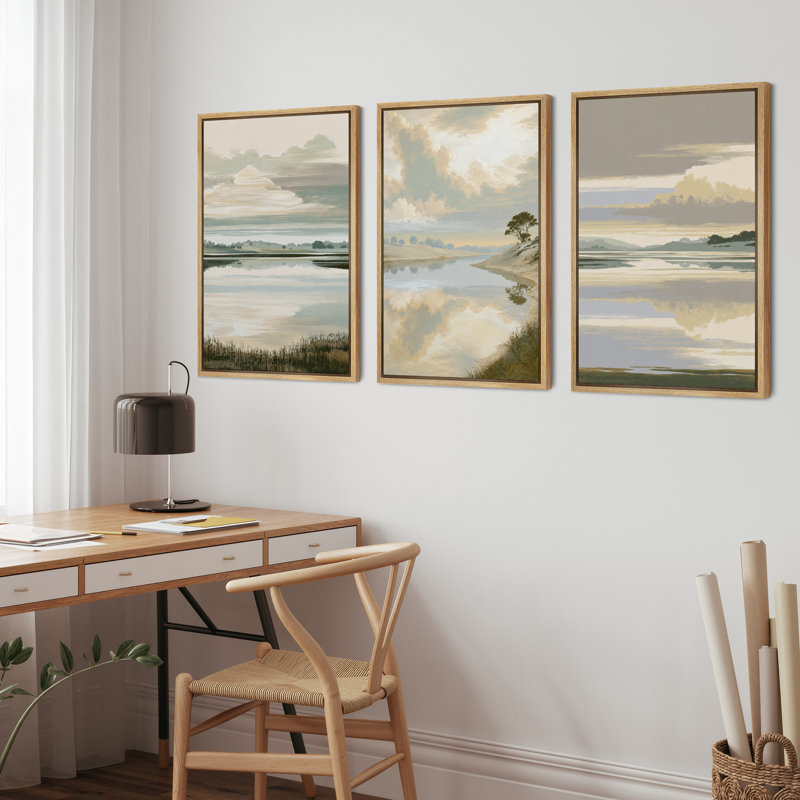 «Misty Lake Landscape with Soft Clouds and Calm Water Reflections», ensemble de 3 reproductions d'art sur toile encadrées