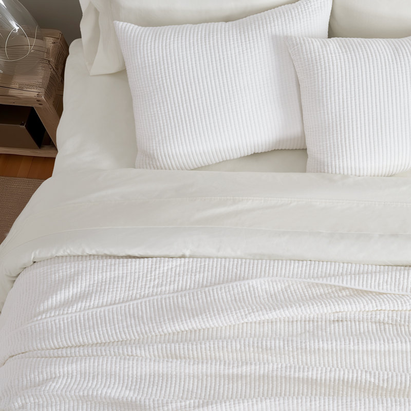 Ribbed Matelassé Cotton Coverlet Set, Queen Quilt + 2 Queen Shams, Bright White