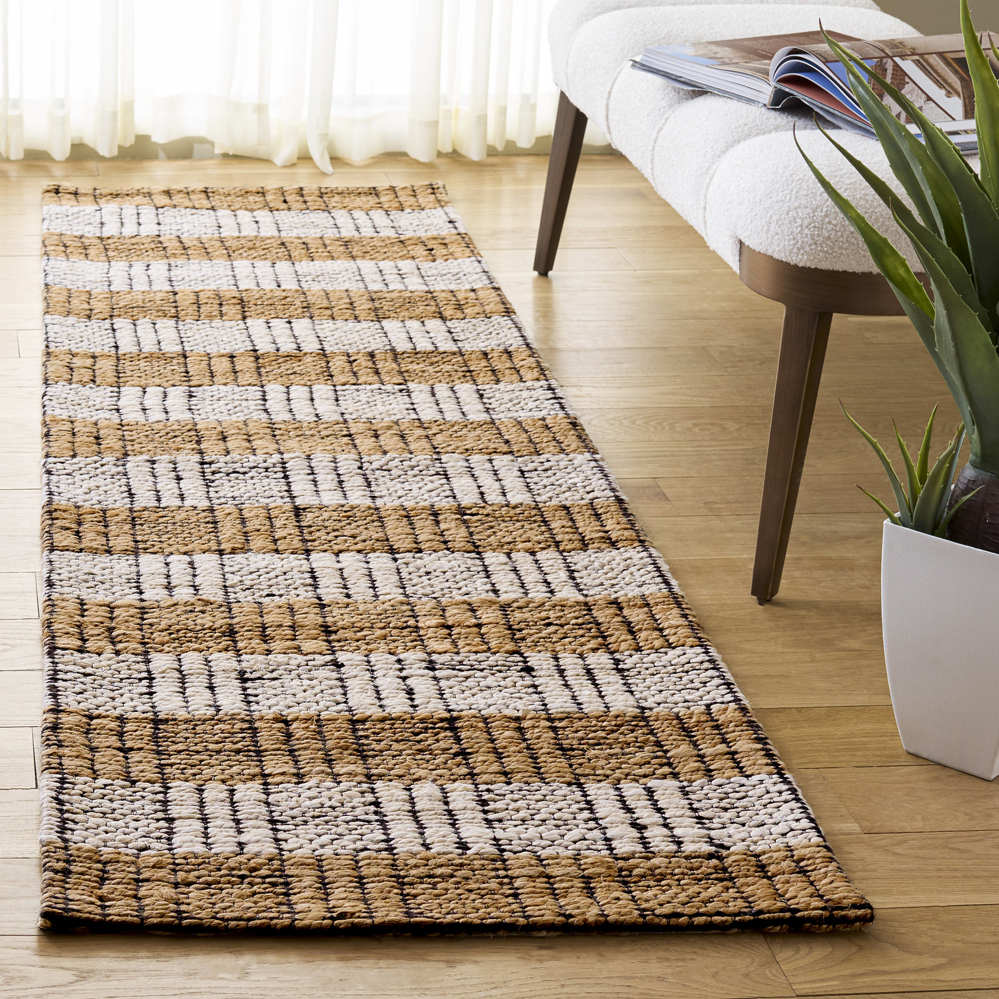 Natural Fiber Hand Woven Jacquard Performance Striped Indoor Rug, 2'-3" X 8'-0" Runner