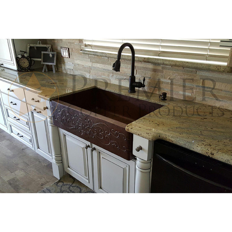 33" Hammered Copper Apron Front Single Basin Kitchen Sink w/ Scroll Design