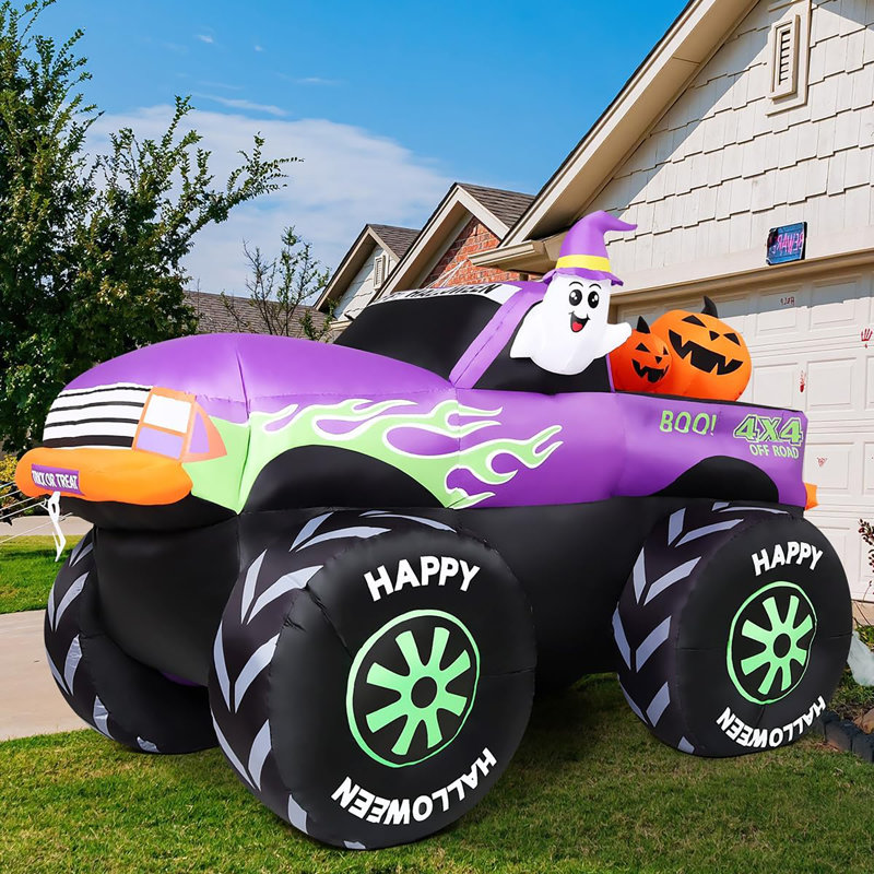 Décorations d'extérieur pour camion gonflable de 8 pi de long Halloween gonflable avec une citrouille et un camion avec des DEL intégrées pour le jardin